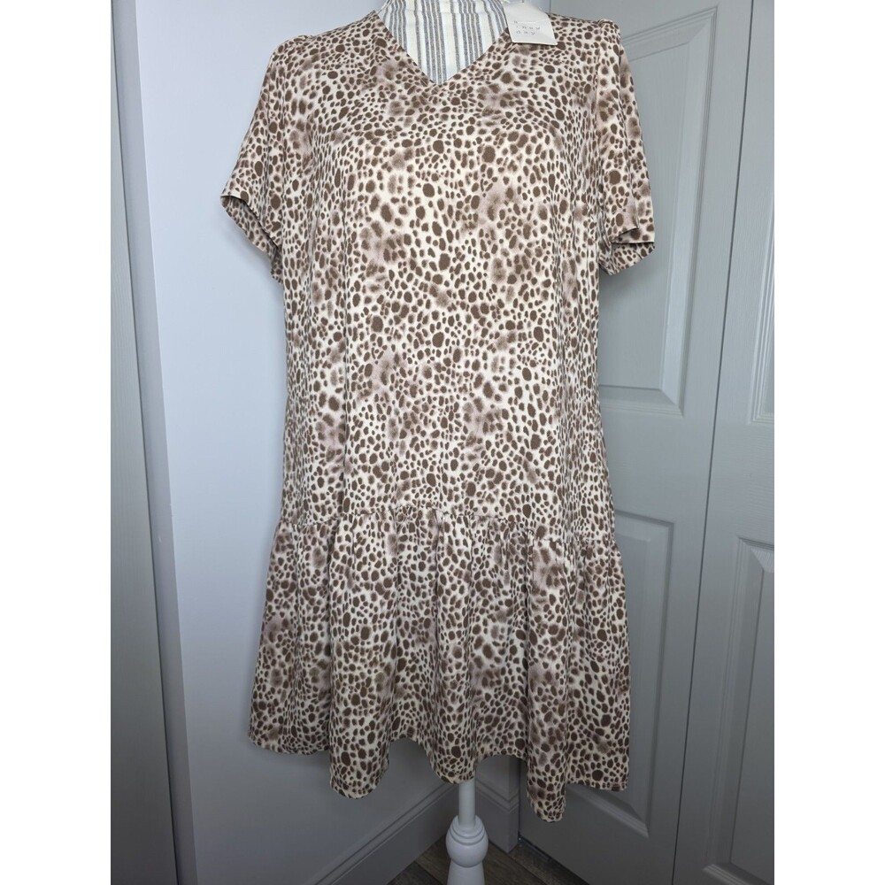 A New Day Brown Leopard Print Tiered Baby Doll Dress Sz XS V-Neck Bottom Ruffle
